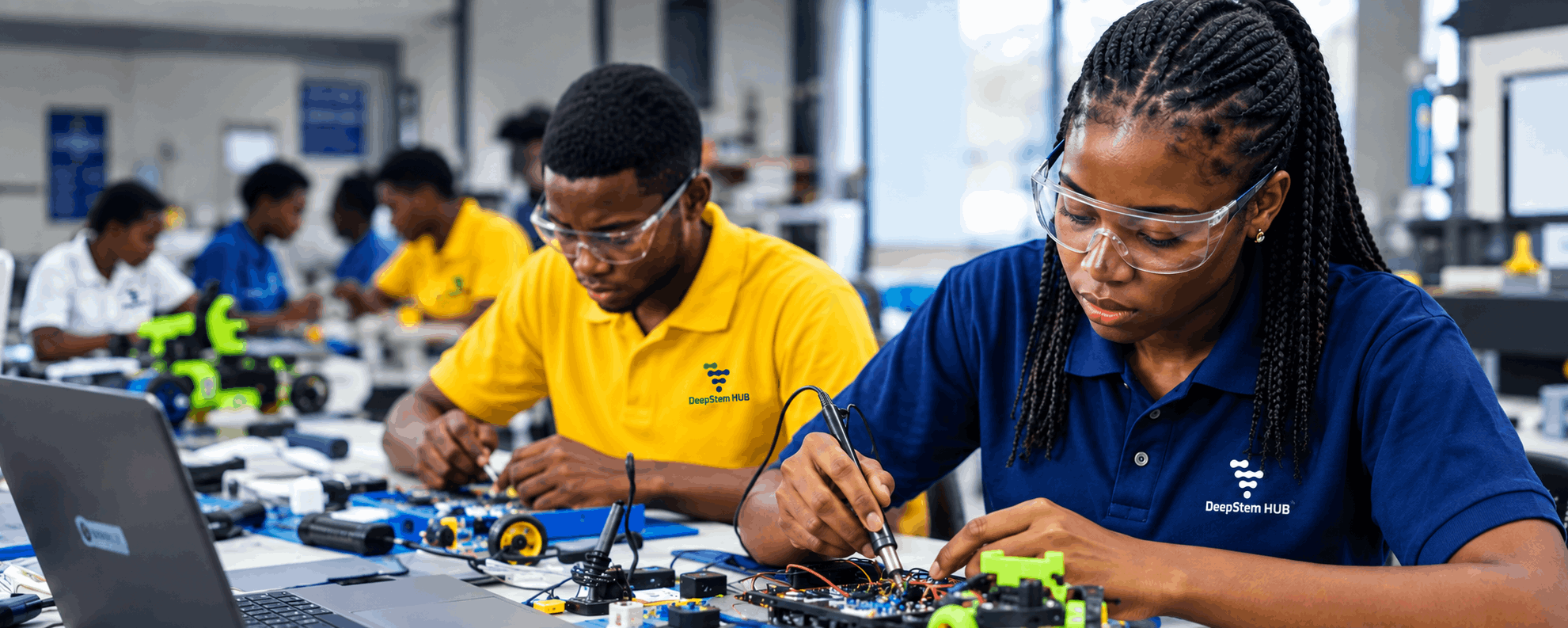 DeepStem Hub students soldering and building robotics kits in a lab
